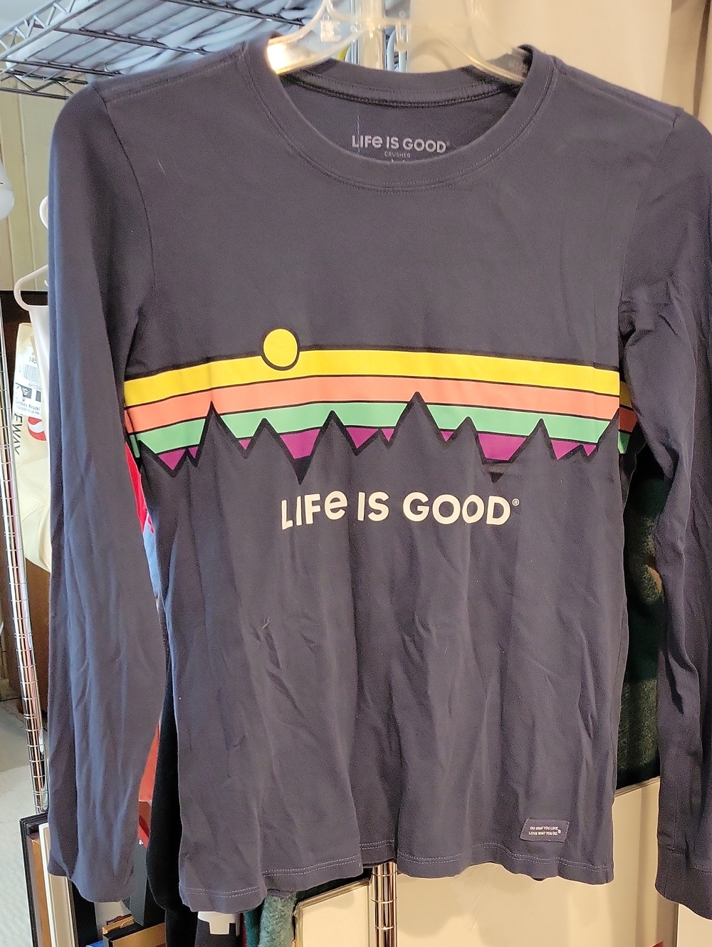 Life Is Good Navy Long Sleeve Tee with Rainbow Mountain Stripe Womens size M